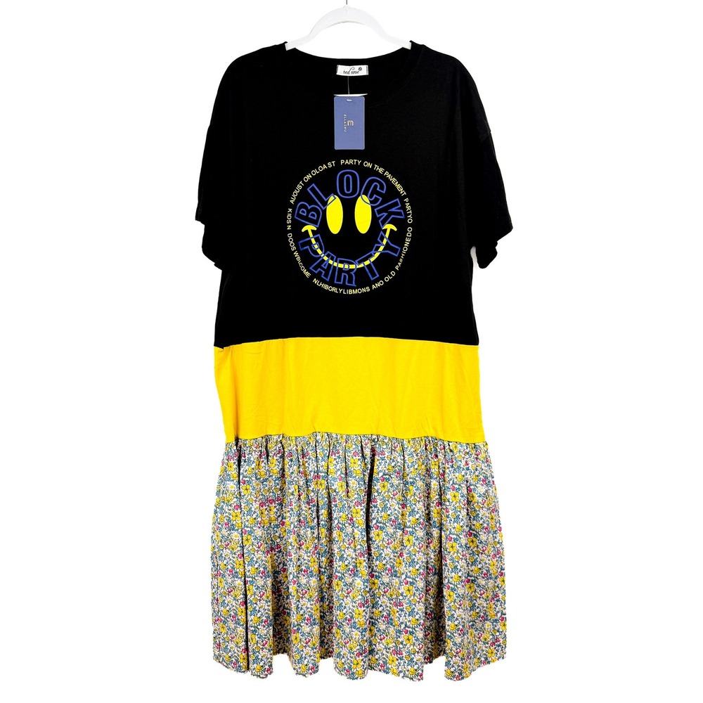 Ella Zhu Block Party T-Shirt Dress Black Yellow Floral Graphic One Size NEW